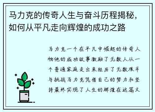 马力克的传奇人生与奋斗历程揭秘，如何从平凡走向辉煌的成功之路