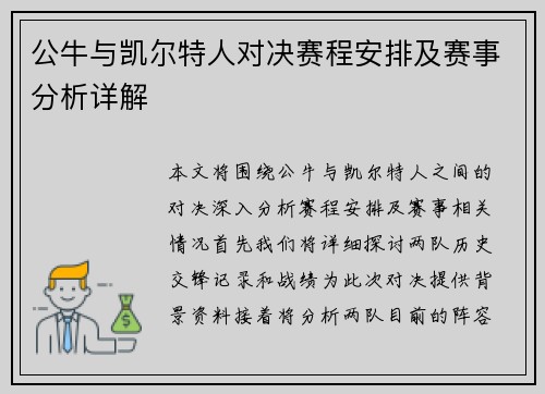 公牛与凯尔特人对决赛程安排及赛事分析详解