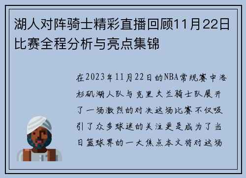 湖人对阵骑士精彩直播回顾11月22日比赛全程分析与亮点集锦