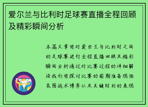 爱尔兰与比利时足球赛直播全程回顾及精彩瞬间分析