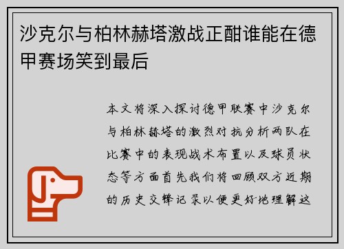 沙克尔与柏林赫塔激战正酣谁能在德甲赛场笑到最后
