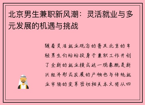 北京男生兼职新风潮：灵活就业与多元发展的机遇与挑战