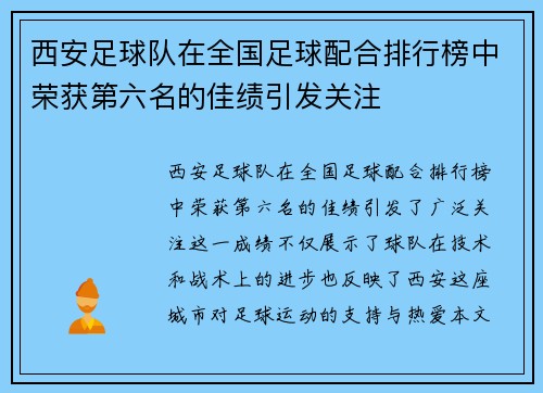 西安足球队在全国足球配合排行榜中荣获第六名的佳绩引发关注