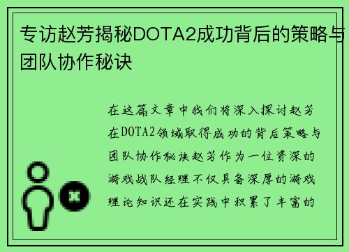 专访赵芳揭秘DOTA2成功背后的策略与团队协作秘诀