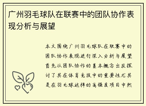 广州羽毛球队在联赛中的团队协作表现分析与展望