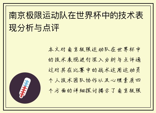 南京极限运动队在世界杯中的技术表现分析与点评