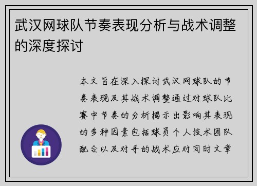 武汉网球队节奏表现分析与战术调整的深度探讨