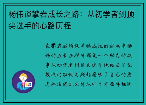 杨伟谈攀岩成长之路：从初学者到顶尖选手的心路历程