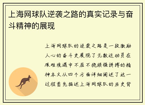 上海网球队逆袭之路的真实记录与奋斗精神的展现