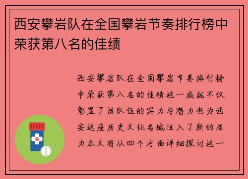 西安攀岩队在全国攀岩节奏排行榜中荣获第八名的佳绩