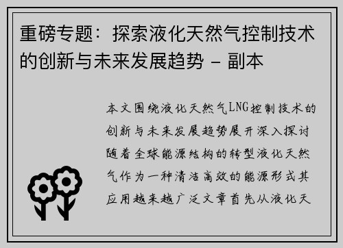 重磅专题：探索液化天然气控制技术的创新与未来发展趋势 - 副本