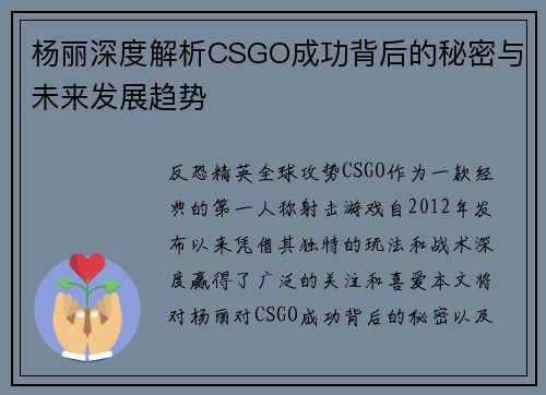 杨丽深度解析CSGO成功背后的秘密与未来发展趋势